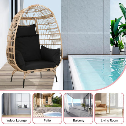 Dkelincs Wicker Egg Chair Indoor Outdoor Lounge Chair Patio Reading Chair Oversized Rattan Egg Chair for Patio, Backyard, Garden, Living Room w/ 4 Cushions Steel Frame, 352lb Capacity(Black)