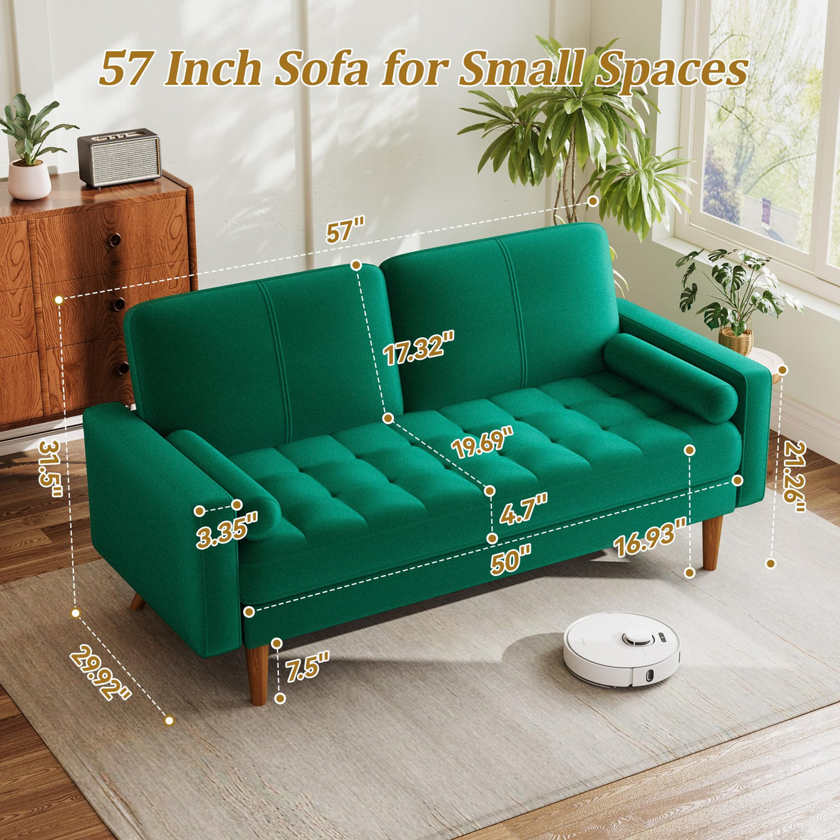 Vipbear 57" Small Loveseat Sofa, Comfy Velvet Mini Love Seat Couches with Throw Pillow for Small Spaces, Tool-Free Setup Sofa Couch for Bedroom, All-Wood Couches for Living Room, Green Vipbear