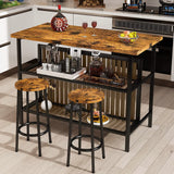 AWQM Walnut 3-Piece Kitchen Island Bar Table Set with Storage and Seating AWQM