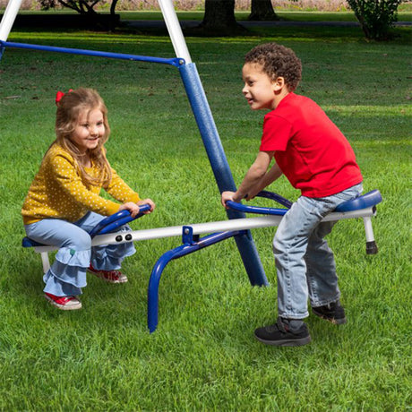 XDP Recreation Freedom Fun Metal A-Frame Kids Outdoor Swing Set 7 Child Capacity Backyard Playground Toy Set with Slide, 3 Swing Types, and See-Saw XDP RECREATION