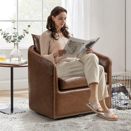 HAOMARKETS 360 Degree Swivel Barrel Chair with Plump Back Pillow, Waterproof Oil Waxed PU Leather Swivel Armchair with Rivets, Comfy Vintage Round Accent Chair for Living Room HAOMARKETS