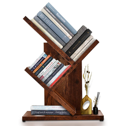 3 Tier Tree Bookshelf, Retro Book Organizer for Book Storage, Free Standing Small Book Shelf for Narrow Space, Bookcase for Home. Office Desk, Living Room, Bedroom Bookshelves (Rustic Brown)