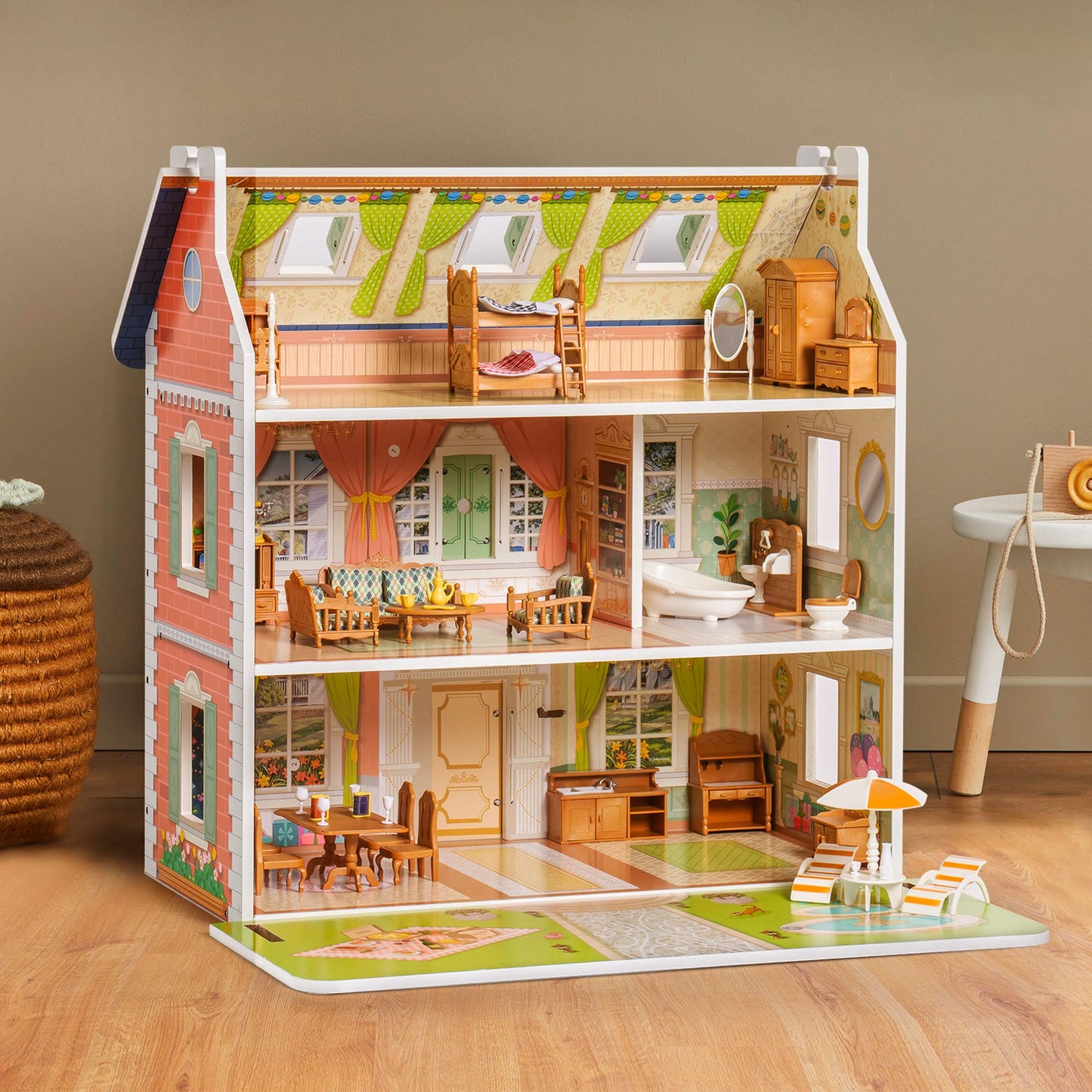 ROBOTIME Doll House 3 in 1 Wooden Dollhouse Doll House for Kids Toddler 3 4 5 6 Years Old, Dollhouse with DIY Furniture/ 40+PCS Accessories, Present Gift for Girl Ages 3+(Antique Style)
