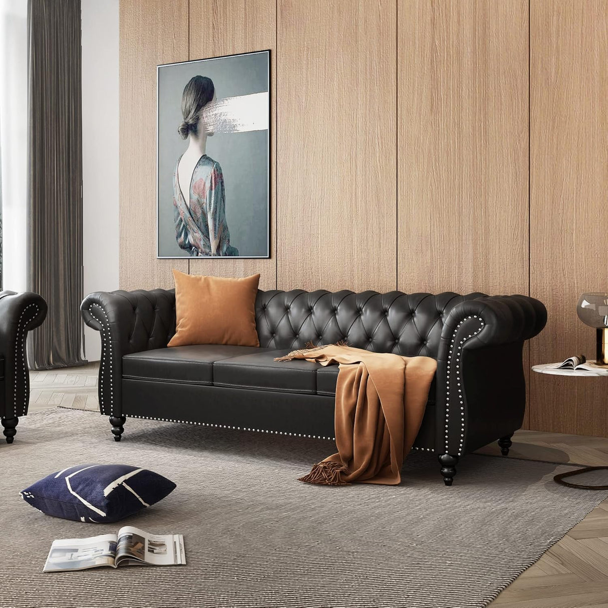 RUSTYER Chesterfield 3 Seater Sofa, Modern Leather Tufted Couch 3 Seater with Rolled Arms and Nailhead Mid-Century Upholstered Couch for Living Room, Bedroom, Apartment and Office, Black RUSTYER
