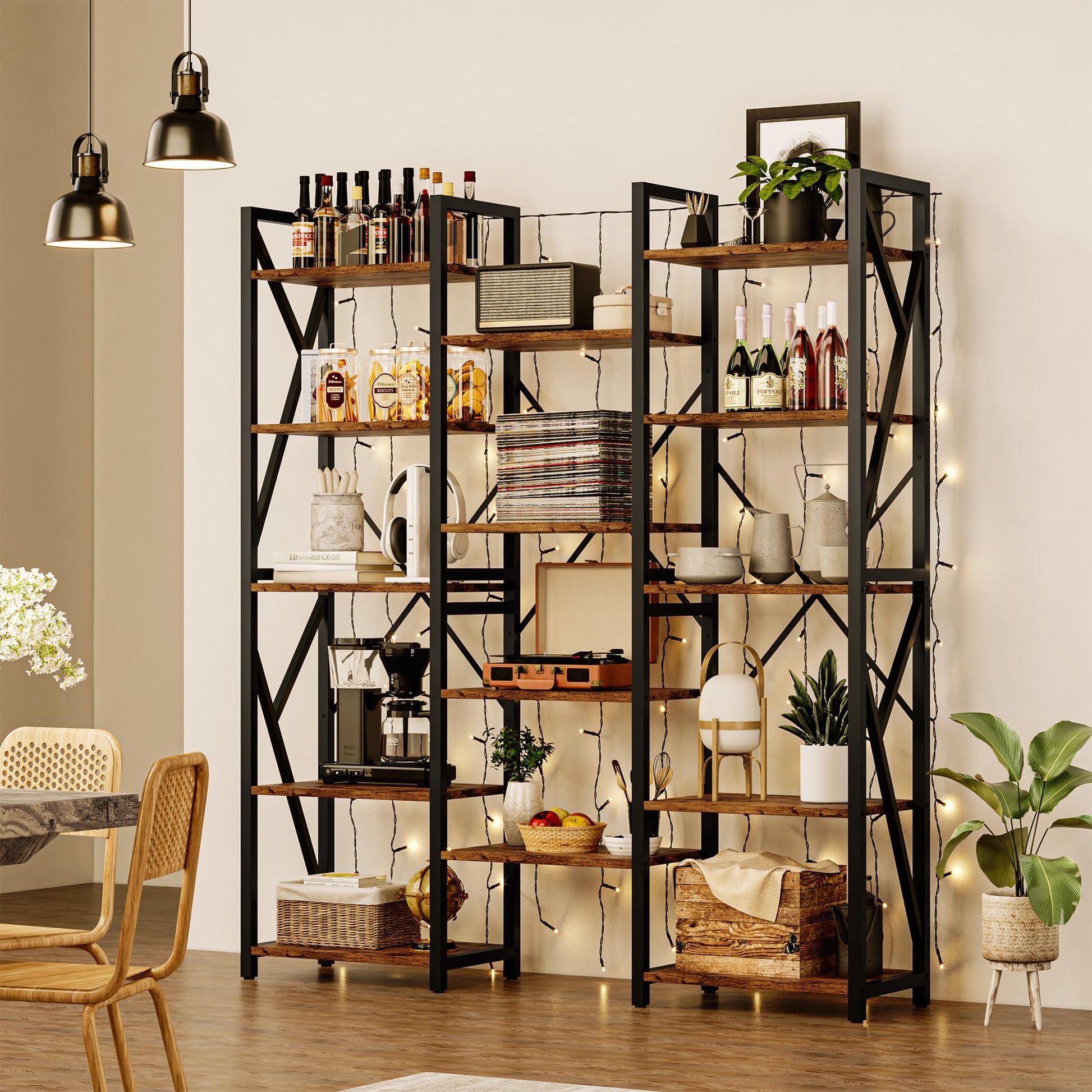 GAOMON 70.8” Triple Wide Rustic Brown 5-Tier Industrial Bookshelf with 14 Open Shelves - WoodArtSupply