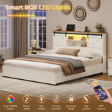 Hasuit Farmhouse Bed Frame King Size with 4 Storage Drawers, Wooden Platform King Beds with Charging Station and LED Lights, Rustic Bed with Storage Headboard and Sliding Barn Door Hasuit