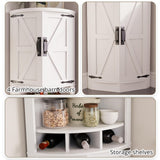 IRONCK Tall Corner Cabinet with 3 Wine Racks, Farmhouse Storage Cabinet with 4 Doors and Adjustable Shelves, Barn Door Design, Corner Bar Cabinet for Living Room, Kitchen, Laundry Room White IRONCK