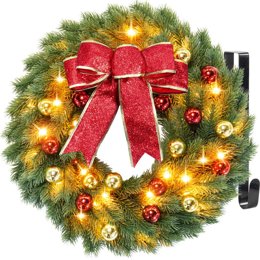 Christmas Wreaths for Front Door with Hanger & Timer - Pre-Lit Lights 18' Christmas Wreaths for Windows Decorations with 40 LED Lighted for Mantle Stairs Fireplace Indoor Outdoor Wall