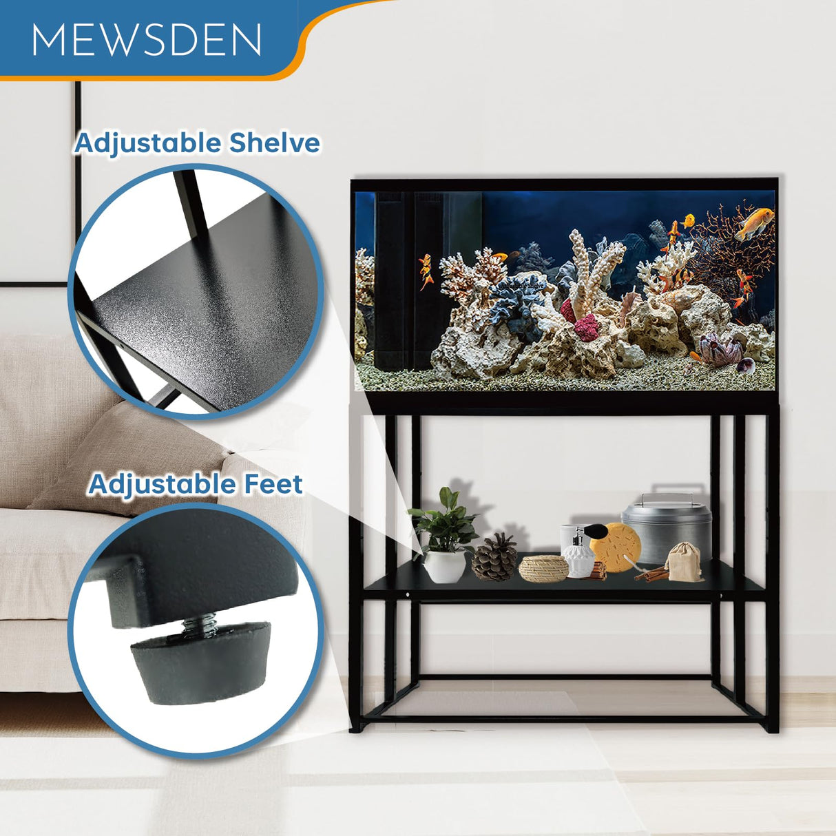 MEWSDEN Fish Tank Stand, 40 Gallon Heavy Duty Metal Aquarium Stands, Reptile Tank, Turtle Tank, Breeder Tank Stand, Fish Tank and Stand Combo Set (Black, 36.5"x18.5"x29.5") MEWSDEN