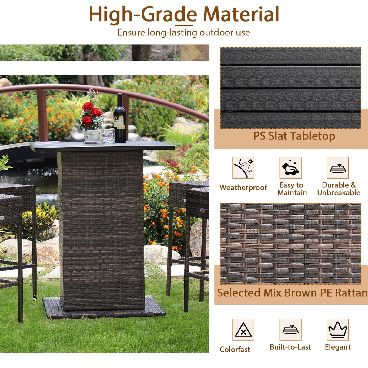 HAPPYGRILL 5 Pieces Rattan Bar Set, Outdoor Wicker Bar Table and 4 Bar Stools, Heavy-Duty Steel Frame, Patio Bar Furniture Set with Cushions HAPPYGRILL