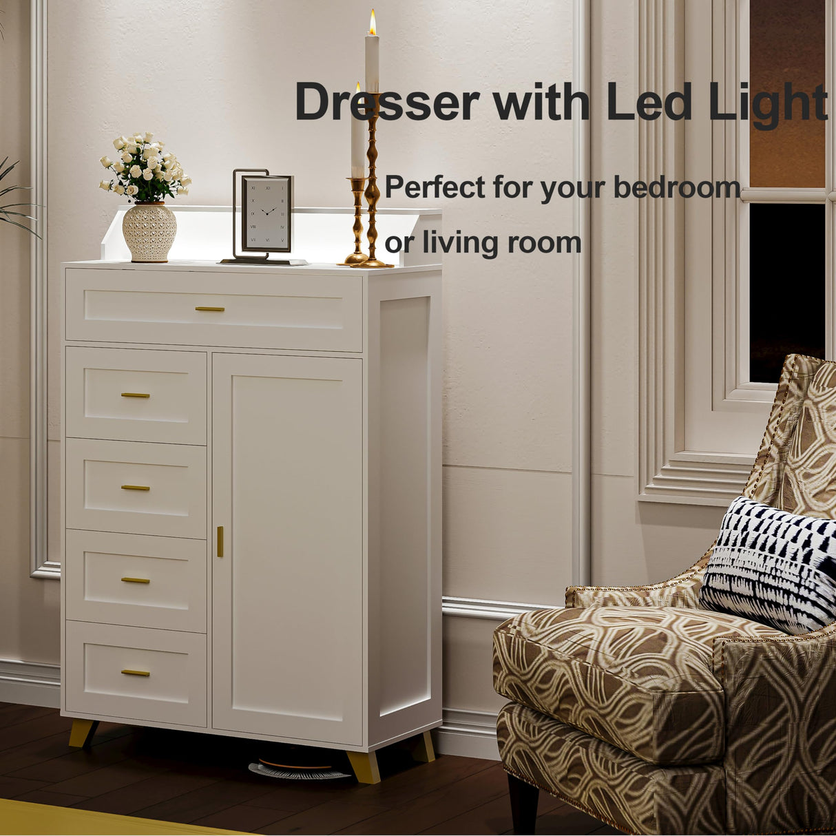 VoirStar 5 Drawers Dresser for Bedroom, Farmhouse Chest of Drawers Wood Chest of Drawers Dresser with Door, Modern Tall Dressers with LED Light, 5 Drawers Chest White Men’s Dresser with Shelves VoirStar