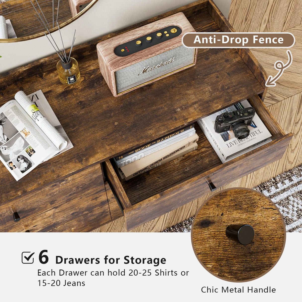 LYNSOM Dresser for Bedroom, 6 Drawer Rustic Brown Dresser with Wide Drawer and Metal Handles, Modern Dressers & Chests of Drawers for Hallway Entryway LYNSOM