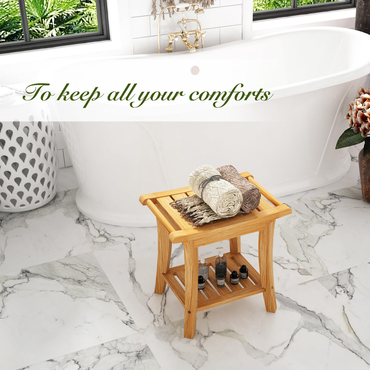 Unibambou Bamboo Shower Bench Inside Shower Stool with Storage Shelf, Spa Bath Chair for Bathroom, Seat or Organizer for Living Room, Bedroom and Garden - Great for All Ages Elderly (Natural) Unibambou