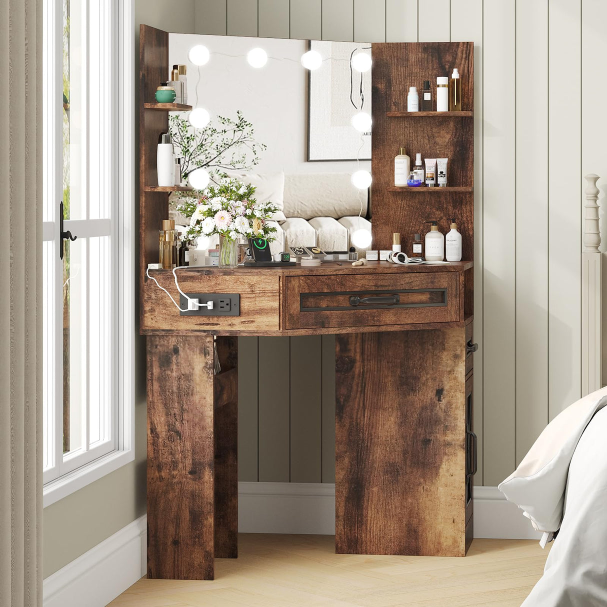 Maupvit Makeup Vanity Desk, Corner Vanity Desk with Mirror and Lights, Farmhouse Vanity Table with 10 Bulbs&4 Charging Stations, Makeup Desk with 3 Drawers&Cabinet, 3 Lighting Modes Adjustable, Brown Maupvit