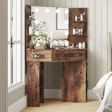 Maupvit Makeup Vanity Desk, Corner Vanity Desk with Mirror and Lights, Farmhouse Vanity Table with 10 Bulbs&4 Charging Stations, Makeup Desk with 3 Drawers&Cabinet, 3 Lighting Modes Adjustable, Brown Maupvit