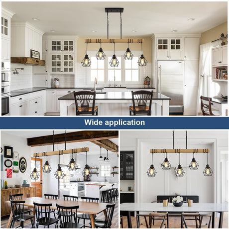 5-Light Kitchen Island Lighting,Modern Chandelier Over Table, Dining Room Light Fixture Hanging for Modern Farmhouse Linear Chandeliers Black Rustic Wood Ceiling Pendant Light Fixtures LmnLvn