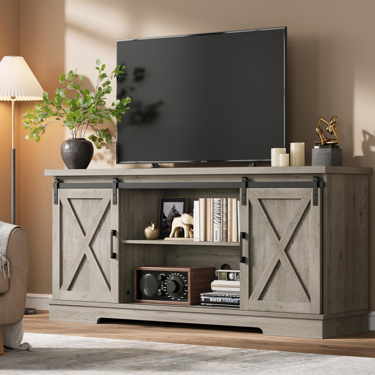 CABIHOME Farmhouse Tv Stand for 65 Inches TVs, Entertainment Center with Storage and Sliding Barn Doors, Adjustable Shelf Modern Media TV Console TV Stand Table for Living Room, Bedroom, Grey CABIHOME