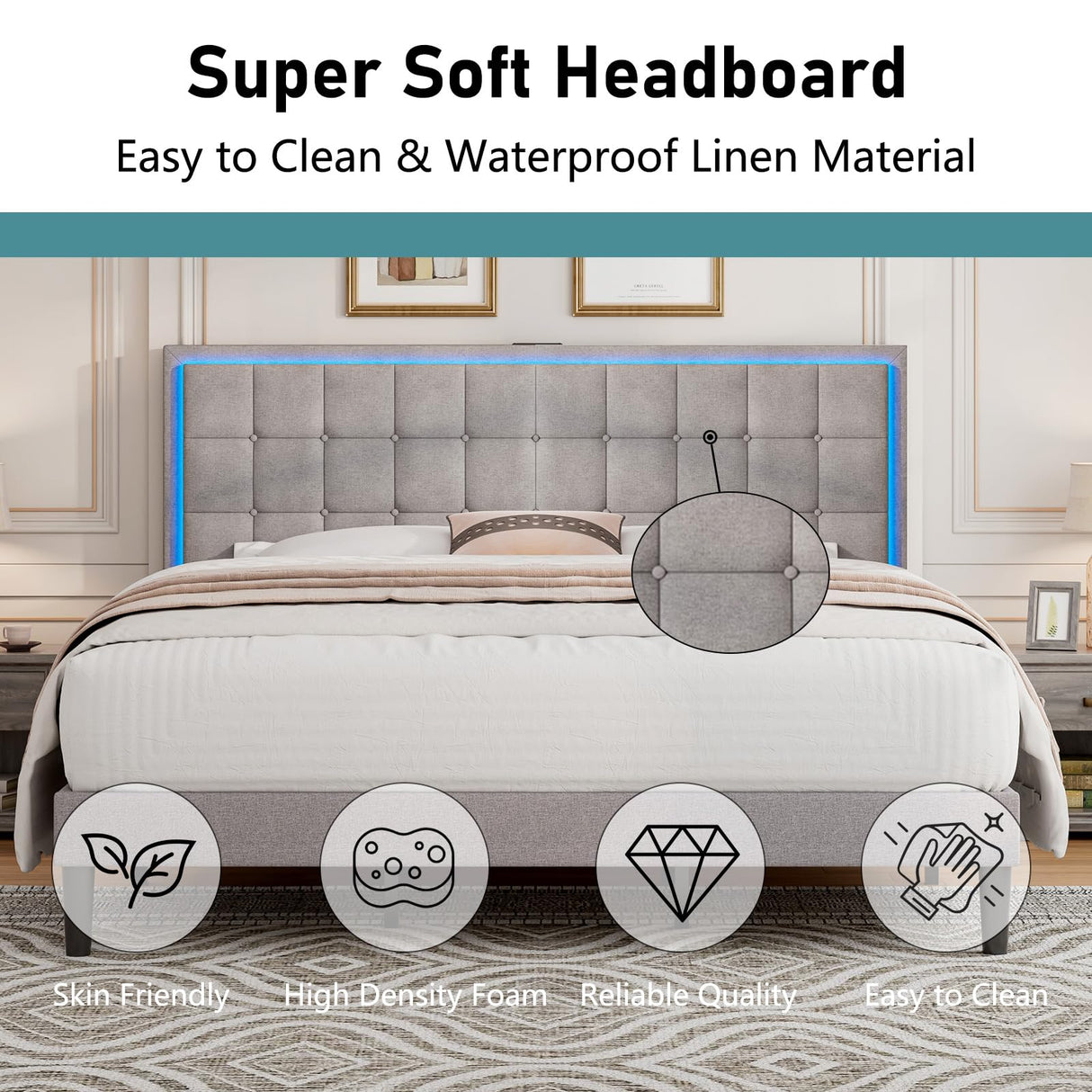 LUXOAK King Size Bed Frame with LED Headboard, Linen Button Tufted Upholstered Platform Bed with USB Charging Station, Strong Wooden Slats Support, No Box Spring Needed, Light Grey LUXOAK