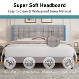 LUXOAK King Size Bed Frame with LED Headboard, Linen Button Tufted Upholstered Platform Bed with USB Charging Station, Strong Wooden Slats Support, No Box Spring Needed, Light Grey LUXOAK