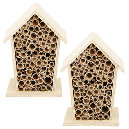 Native Hive Wooden Bee House, Natural Handmade Wooden Bee Box Habitat with Bamboo Tubes,Insect House Shelter for Attracting Peaceful Bee Pollinators (2PCS) - WoodArtSupply