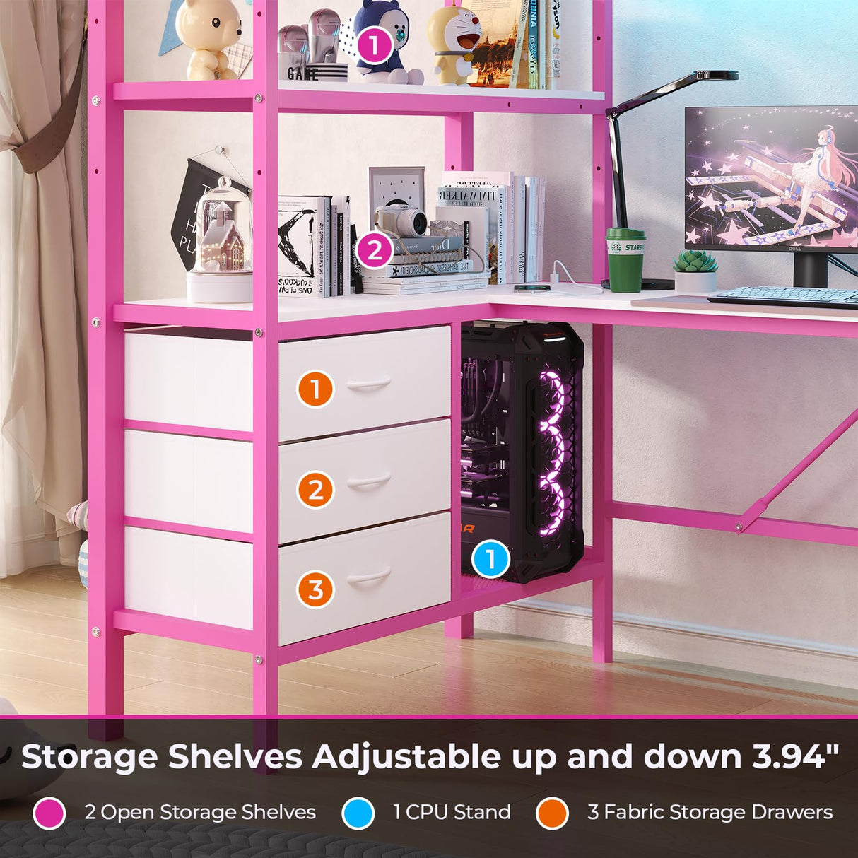 DICTAC Loft Bed Twin Size with L-Shaped Desk, LED Lights and Charging Station Twin Metal Loft Bed Frame with 3 Storage Shelves and 3 Fabric Drawers, Safety Guard & Ladder, No Box Spring Needed, Pink DICTAC