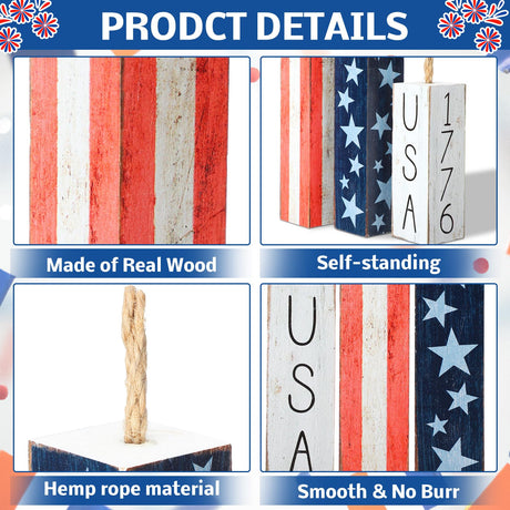 Amyhill 3 Pcs 4th of July Wooden Table Decorations Patriotic Table Centerpieces Independence Day Wood Firework Fourth of July Table Signs for Home Farmhouse Decor(Classic Style) Amyhill