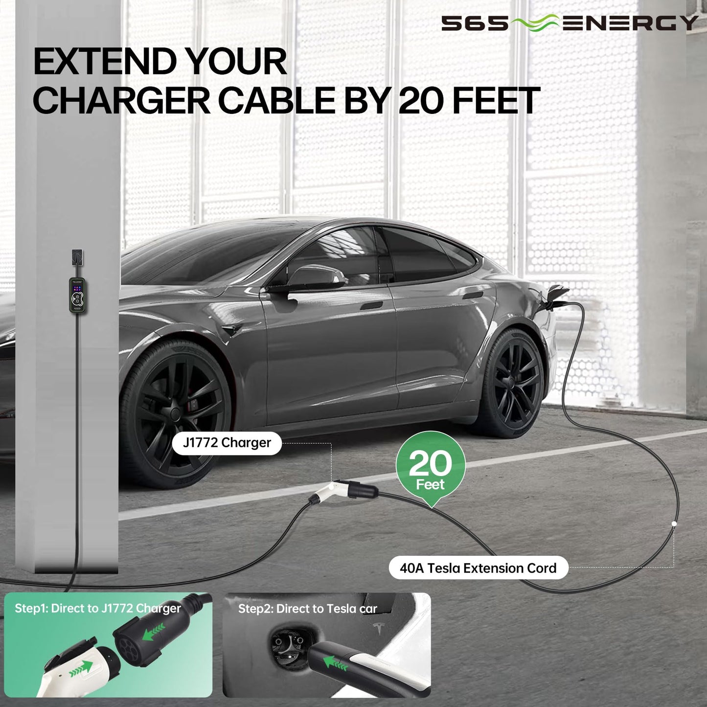 Tesla EV Charger Extension Cable Tesla Model 3/X/Y/S 20’ 40A; Premium Quality 99.9% Copper 40A J1772 (Female) to Tesla (Male) Charging Extension Including Direct Fit Tesla (NACS J3400) Nozzle - WoodArtSupply