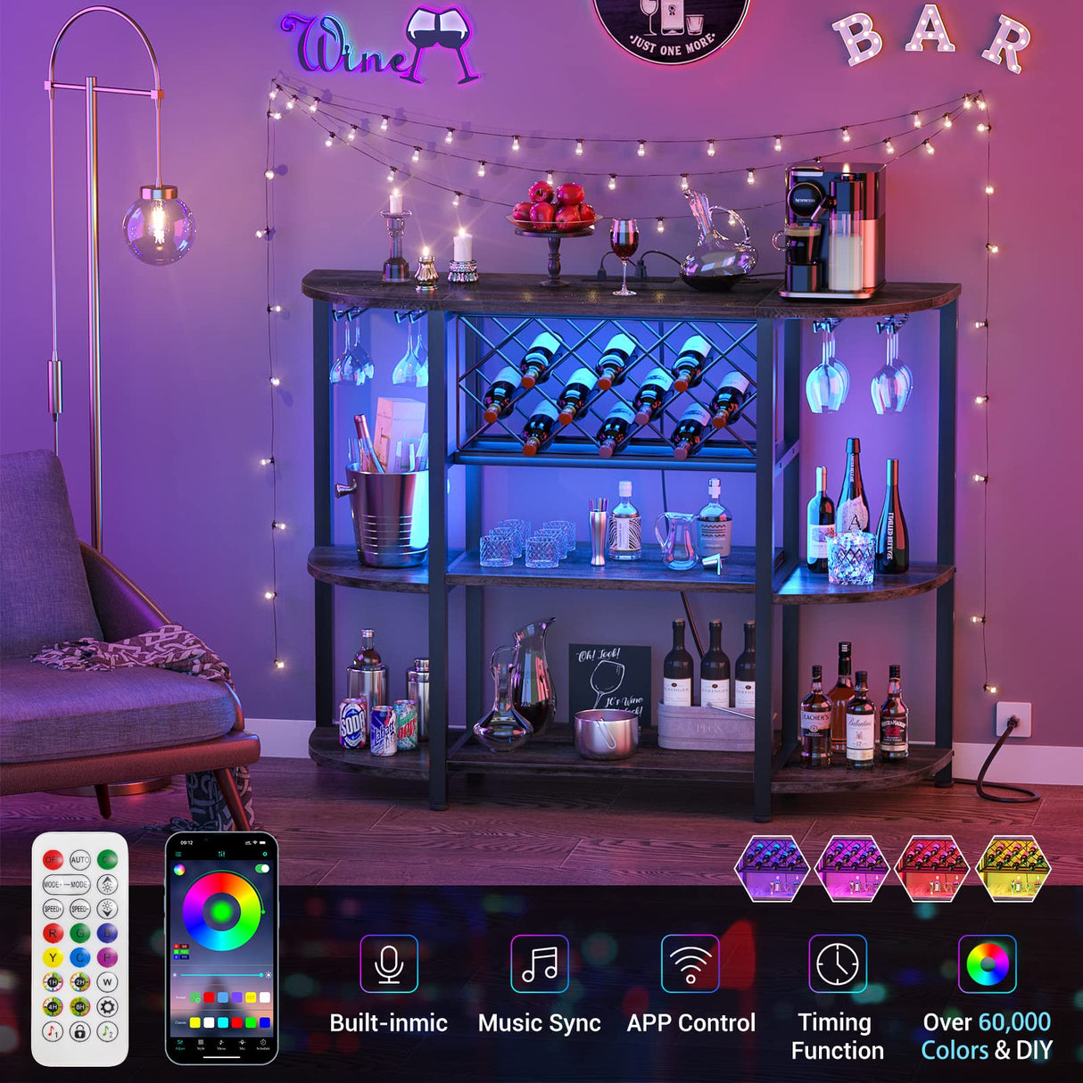 Unikito 4-Tier Metal Coffee Bar Cabinet with Outlet and LED Light, Freestanding Floor Bar Table for Liquor with Glass Holder and Wine Rack Storage, Wine Bakers Rack for Kitchen Dining Room, Gray Oak Unikito