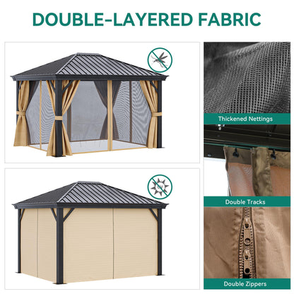 DWVO 10x12ft Hardtop Gazebo with Nettings and Curtains, Heavy Duty Galvanized Steel Outdoor Vertical Stripes Roof for Patio, Backyard, Deck, Lawns, Brown - WoodArtSupply