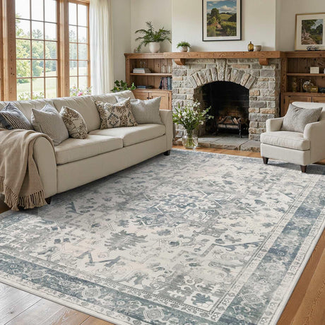 Rugxara Area Rugs 5x7, Washable Rugs for Living Room, Vintage Boho Light Blue Rug for Office, Dining Room, Kids Room and Farmhouse, Durable Low Pile Non-Slip Area Rug for High Traffic Areas Rugxara