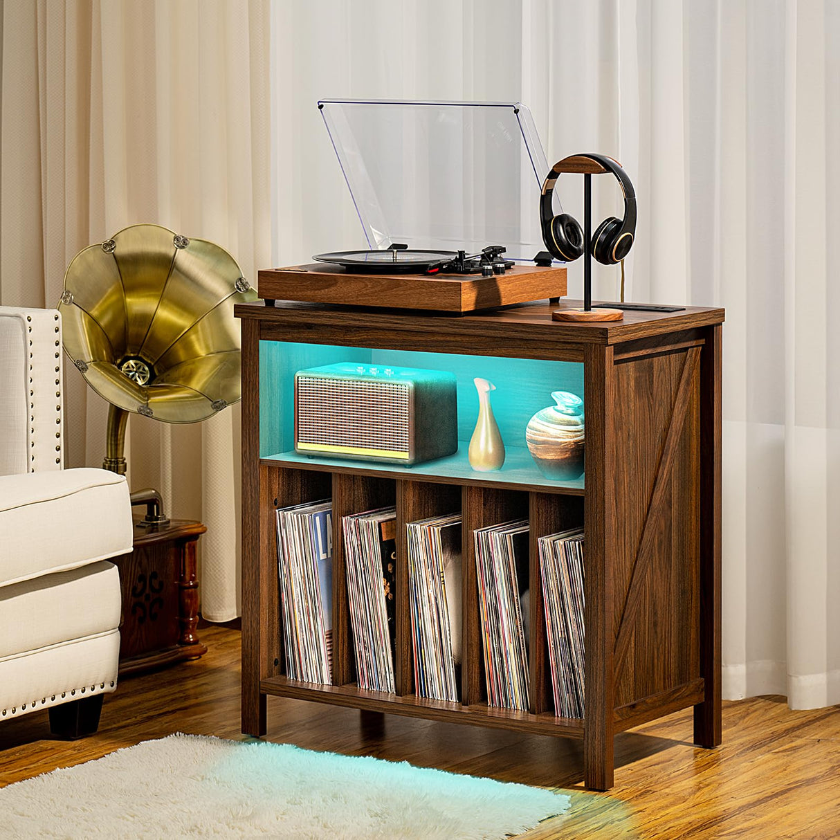 Joaxswe Large Record Player Stand with Charging Station & LED Lights, Vinyl Records Storage Holder Cabinet Holds up to 230 Albums, Turntable Stand for Music Room, Bedroom, Living Room, Office (Brown) Joaxswe