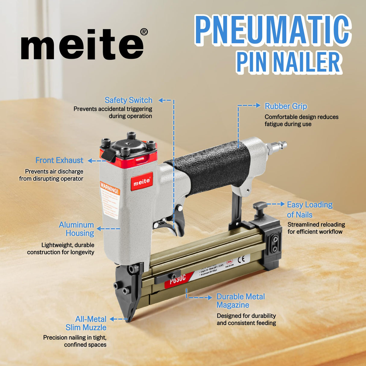 meite P630C Pin Nailer, Pneumatic Micro 23 Gauge Pin Nailer Gun, Accept 3/8-Inch to 1-3/16-Inch 23Ga Pin Nails, Ideal for Cabinets, Paneling, Crafts, Picture Frames meite