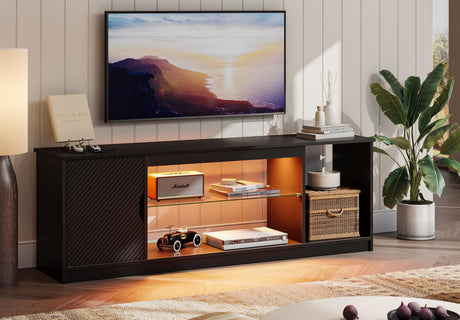 Bestier Led Entertainment Center for PS5, Gaming TV Stand with Cabinet for 60/65 Inch TV, Modern TV Console with Adjustable Glass Shelf for Living Room Easy Assembly Carbon Fiber Black Bestier