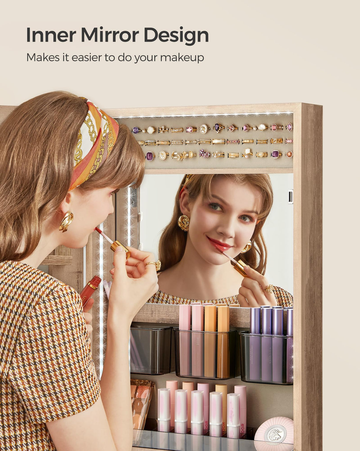 SONGMICS Jewelry Cabinet Armoire Organizer with LED Lights, Wall-Mounted Storage Cabinet with Full-Length Frameless Mirror, Built-in Makeup Mirror, 2 Drawers, Lockable, Camel Brown UJJC013N01 SONGMICS