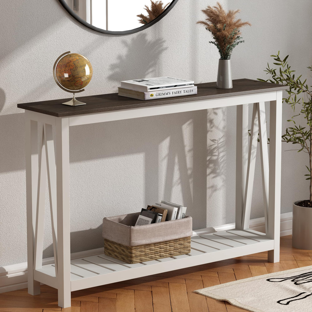ChooChoo Farmhouse Console Table, Rustic Vintage Narrow Sofa Table for Entryway, Living Room, Hallway, 47 White ChooChoo