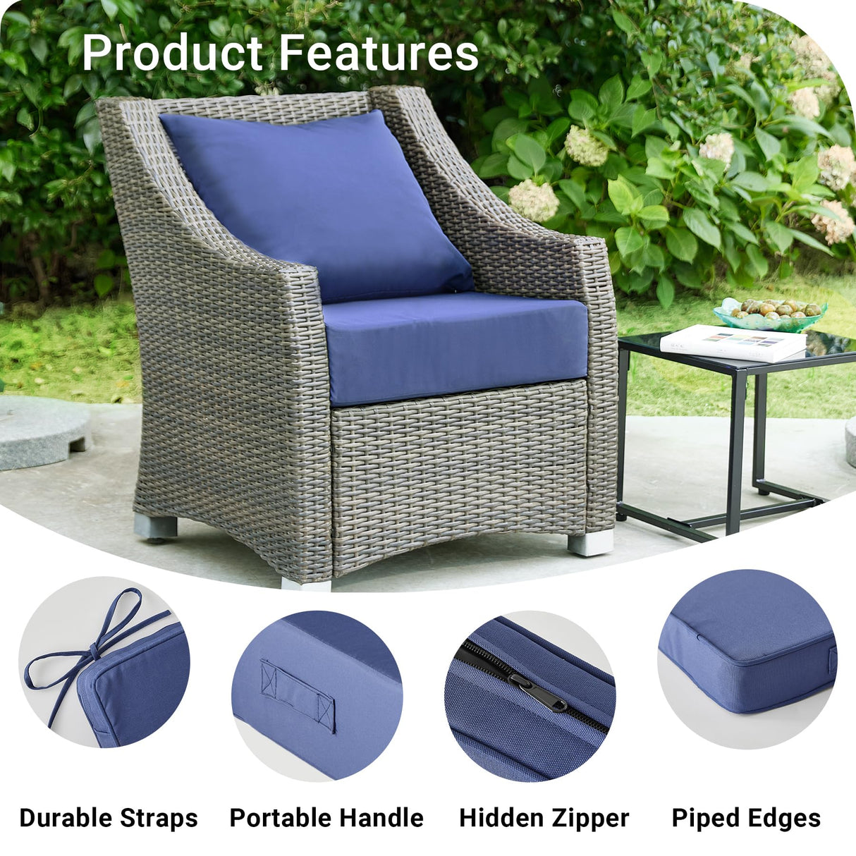 IPYNBAP Outdoor Cushions for Patio Furniture，Outdoor Seat Cushion Set 24 x 24 x 5.75 Inch，Waterproof & Fade Resistant Outdoor Chair Cushions，Deep Patio Chair Cushion with Removable Cover，Navy Blue IPYNBAP