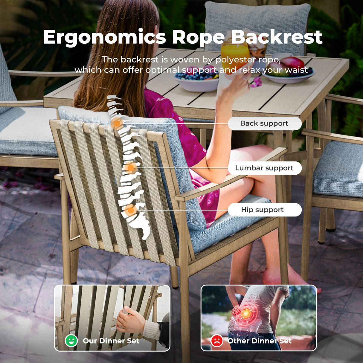 HAPPATIO 5-Piece Outdoor Dining Set for 4, Aluminum Patio Dining Set Includes 1 Large Square Table with Umbrella Hole and 4 Dining Chairs, Patio Furniture Set for Lawn, Porch, or Backyard (Brown) HAPPATIO