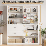 IRONCK Bookshelf and Bookcase with Pegboard and Deep Drawer, 79" H x 55" W 8 Cubby Display Book Shelves, Modern Wide Wood Etagere Shelving Unit for Living Room, White IRONCK