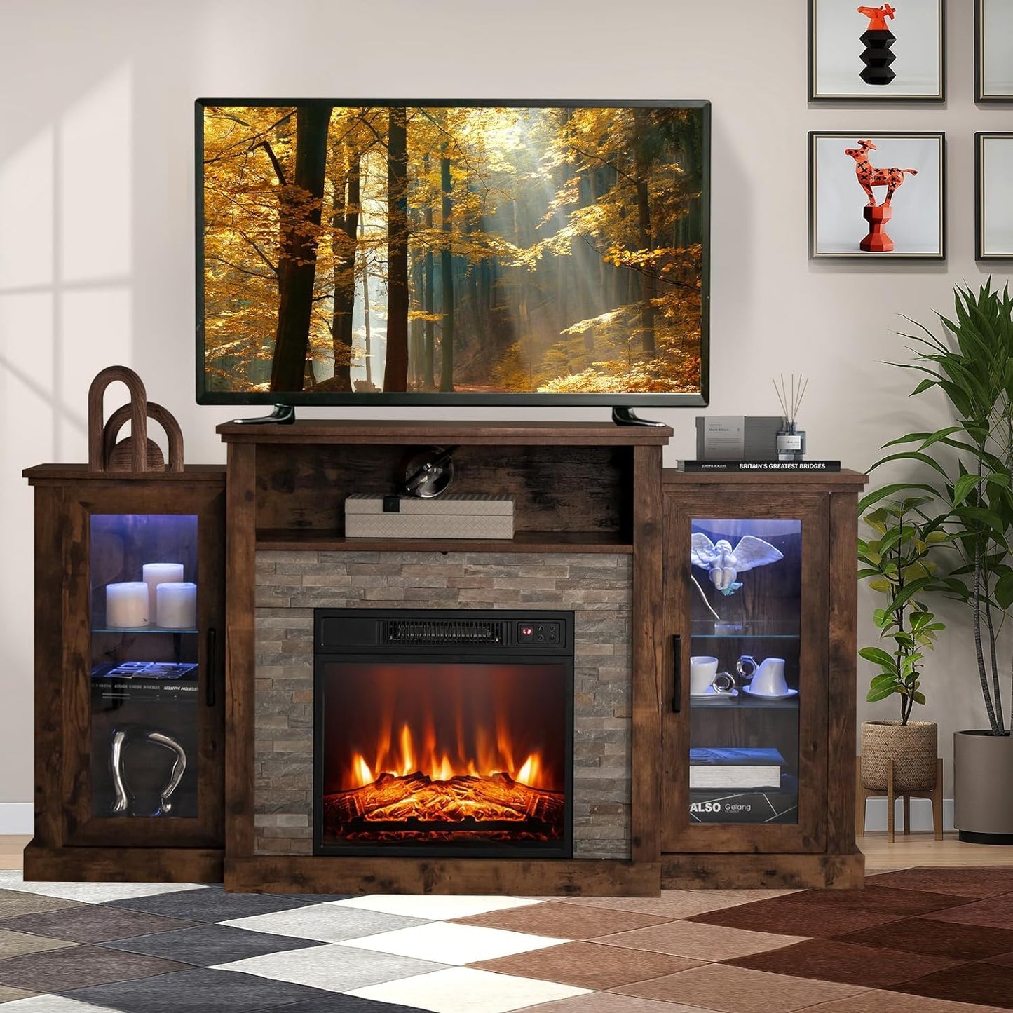 Byroce Electric Fireplace TV Stand BC-0111-US, 59’’ x 13’’ x 32.5’’ (L x W x H), Brown