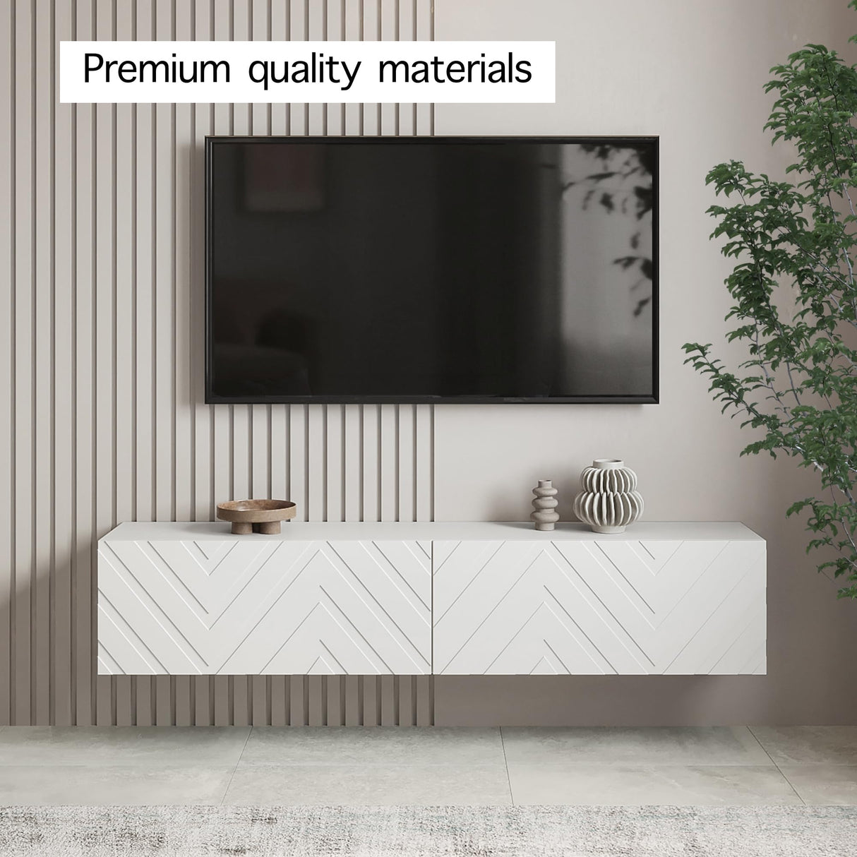 Living Skog Floating TV Stand Wall Mounted for Living Room and Bedroom, Media, Entertainment Center with Storage and Drawers Fits TV 50 55 60 65 inch Cabinet (Alessio White, 59 in) Living Skog