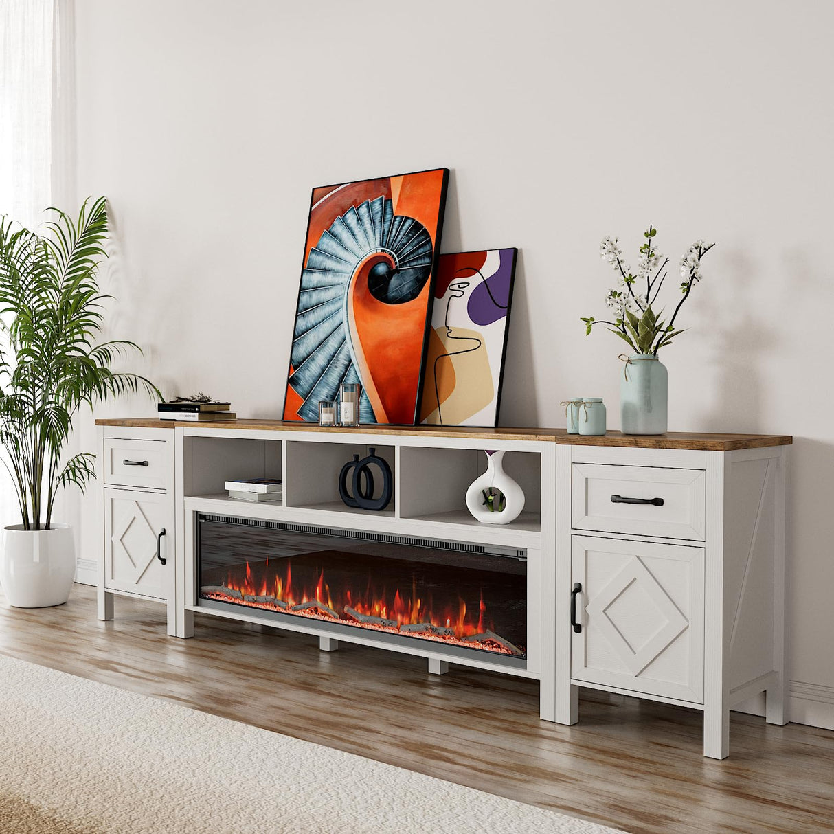 BVIUNTWO 88 Inch Fireplace TV Stand for TVs Up to 95 Inch,Farmhouse Entertainment Center with 50" Electric Fireplace,White TV Console with Storage Cabinets and Drawers for Living Room BVIUNTWO