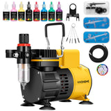 VIVOHOME Airbrush Kit with Dual Fan Air Compressor and 3 Dual Action Airbrush Gun, Gravity and Siphon Feed, Quiet Air Brush Set with 8 Primary Opaque Colors, Cleaning Brush, Yellow VIVOHOME