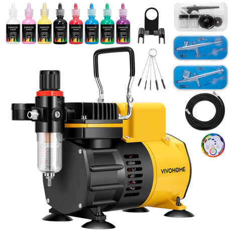 VIVOHOME Airbrush Kit with Dual Fan Air Compressor and 3 Dual Action Airbrush Gun, Gravity and Siphon Feed, Quiet Air Brush Set with 8 Primary Opaque Colors, Cleaning Brush, Yellow VIVOHOME