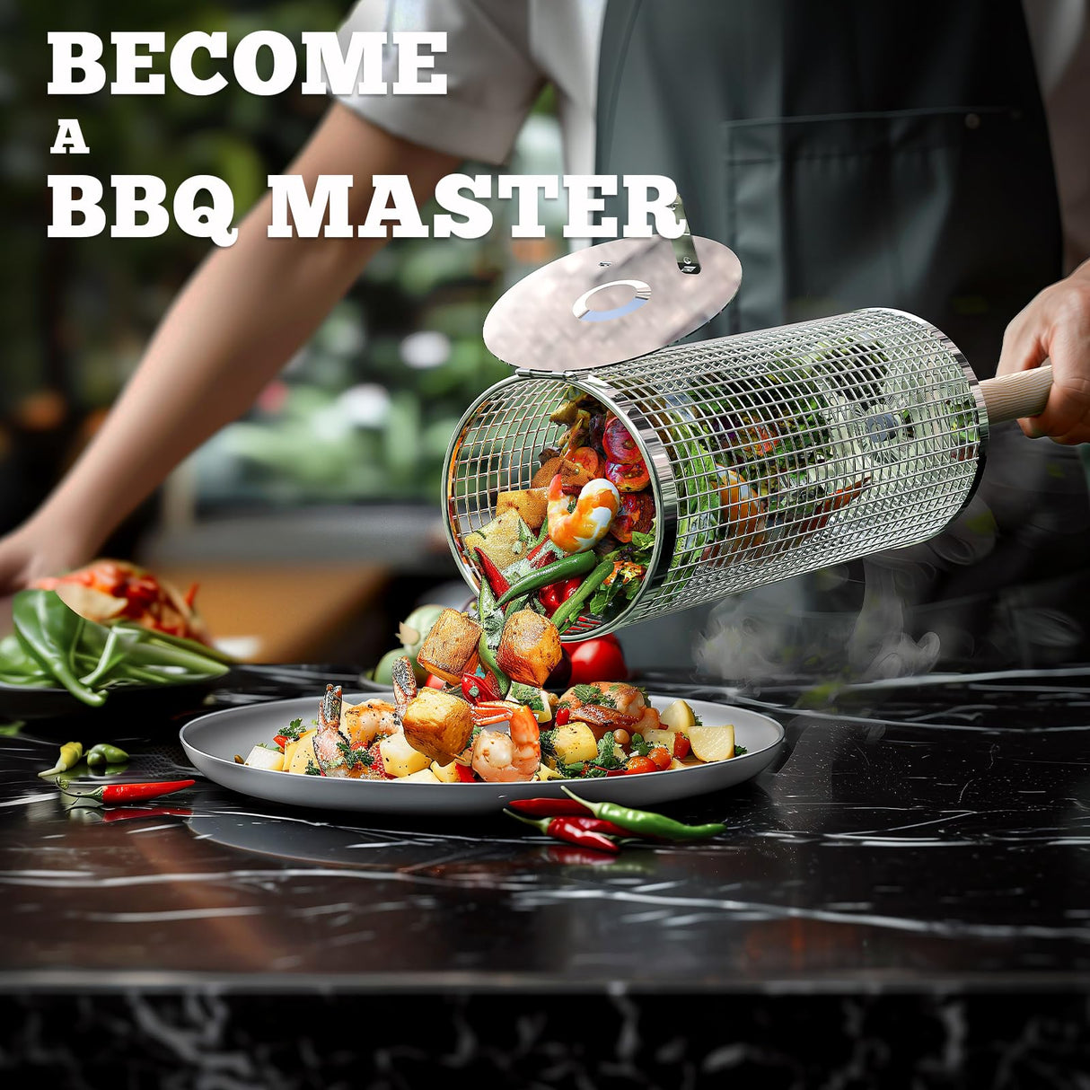 Ivtivfu Nesting Grill Baskets (2PCS), Removable Wooden Handle, 304 Stainless Steel, Rolling Grilling Net, BBQ Accessories Tools for Vegetables Shrimp, Outdoor Cooking Camping, Gifts for Men Dad Husband Ivtivfu