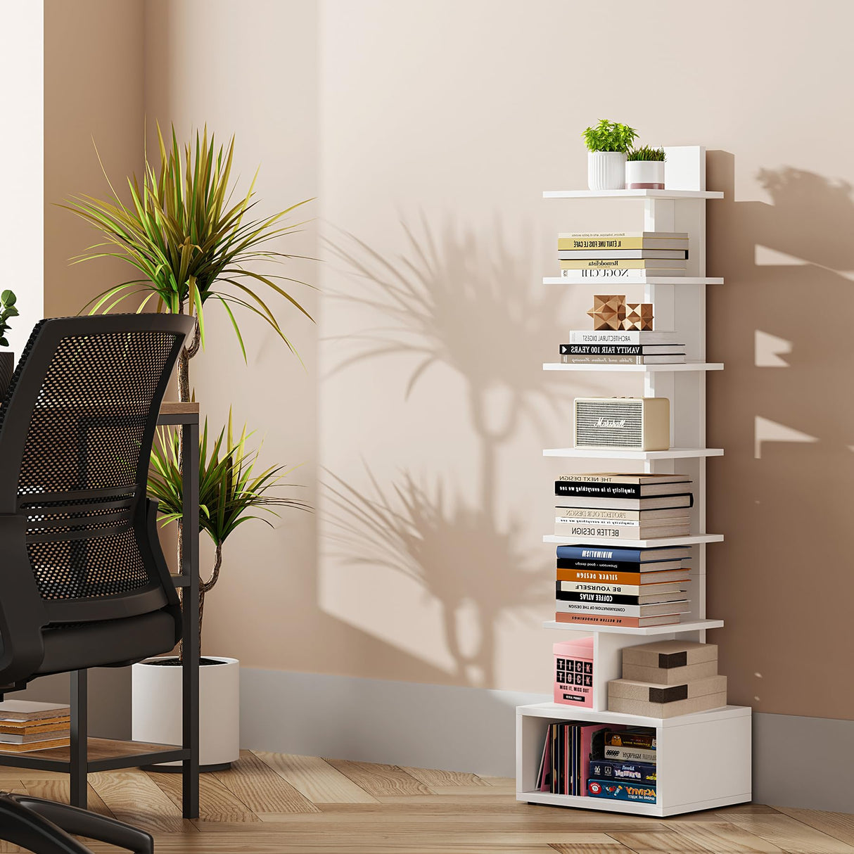 TUTOTAK Narrow Bookshelf, Vertical 8-Tier Bookcase, Spine Book Shelf for Small Space, Small Standing Shelf for Living Room, Office, Study, Entryway, White BS07BW008 TUTOTAK