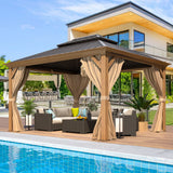 EROMMY 10' x 12' Gazebo, Wooden Finish Coated Aluminum Frame Canopy with Double Galvanized Steel Hardtop Roof, Outdoor Permanent Metal Pavilion with EROMMY