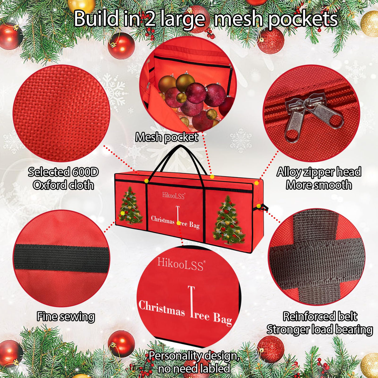 HikooLSS Christmas Tree Storage Bag 12 Ft Tall Tree Container/Holder Heavy Duty Oxford Dual Mesh Pockets,Moistureproof,Extra Large Christmas Tree Box for Big Xmas Tree Wide Opening Red(65X23X27in) HikooLSS