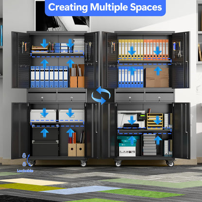 LOCENHU Garage Cabinet with Locking Doors,Tool Storage Cabinet with 4 Wheels and 2 Drawer- 71" H Rolling Storage Cabinet with Holey Board for Garage,Warehouse,Home,Office,School(Black)