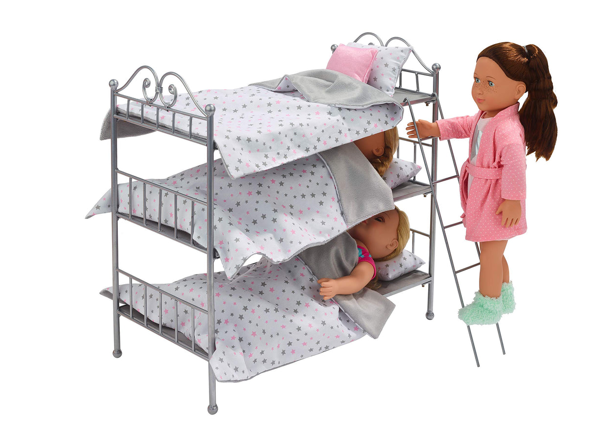 Badger Basket Scrollwork Metal Triple Doll Bunk Bed with Ladder and Bedding – Stylish Silver and Pink Stars Design for 18-Inch Dolls Badger Basket