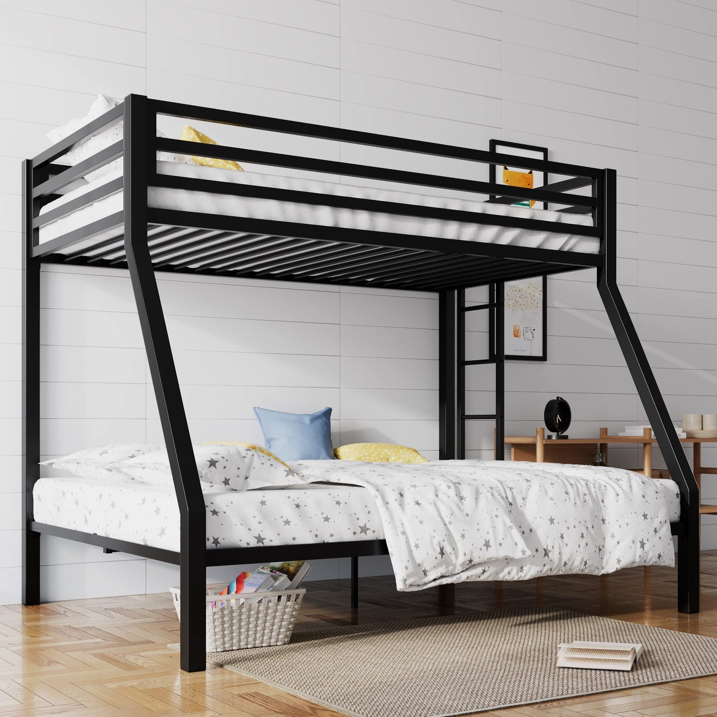 SHA CERLIN Loft Bunk Bed Twin Over Full Size with Ladder and Guardrail,Heavy Duty Metal Slats Support No Box Spring Needed Small Space Saving Furniture for Bedroom Dorm,Black